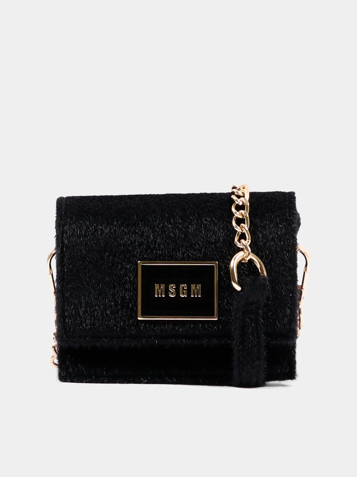 BORSA NERA EFFETTO PELUCHE CON PLACCHETTA IN ORO MSGM - Angel Luxury