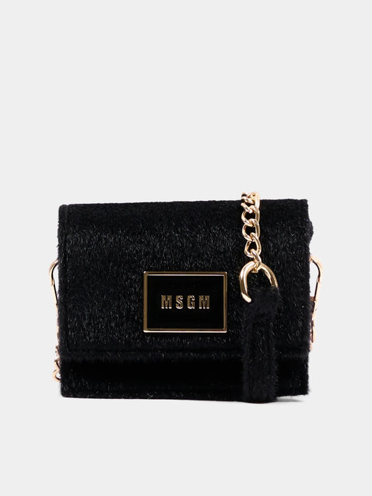 BORSA NERA EFFETTO PELUCHE CON PLACCHETTA IN ORO MSGM - Angel Luxury