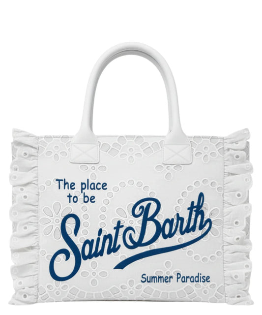 BORSA PIZZO SANGALLO BIANCA CON LOGO BLU MC2 SAINT BARTH - Angel Luxury
