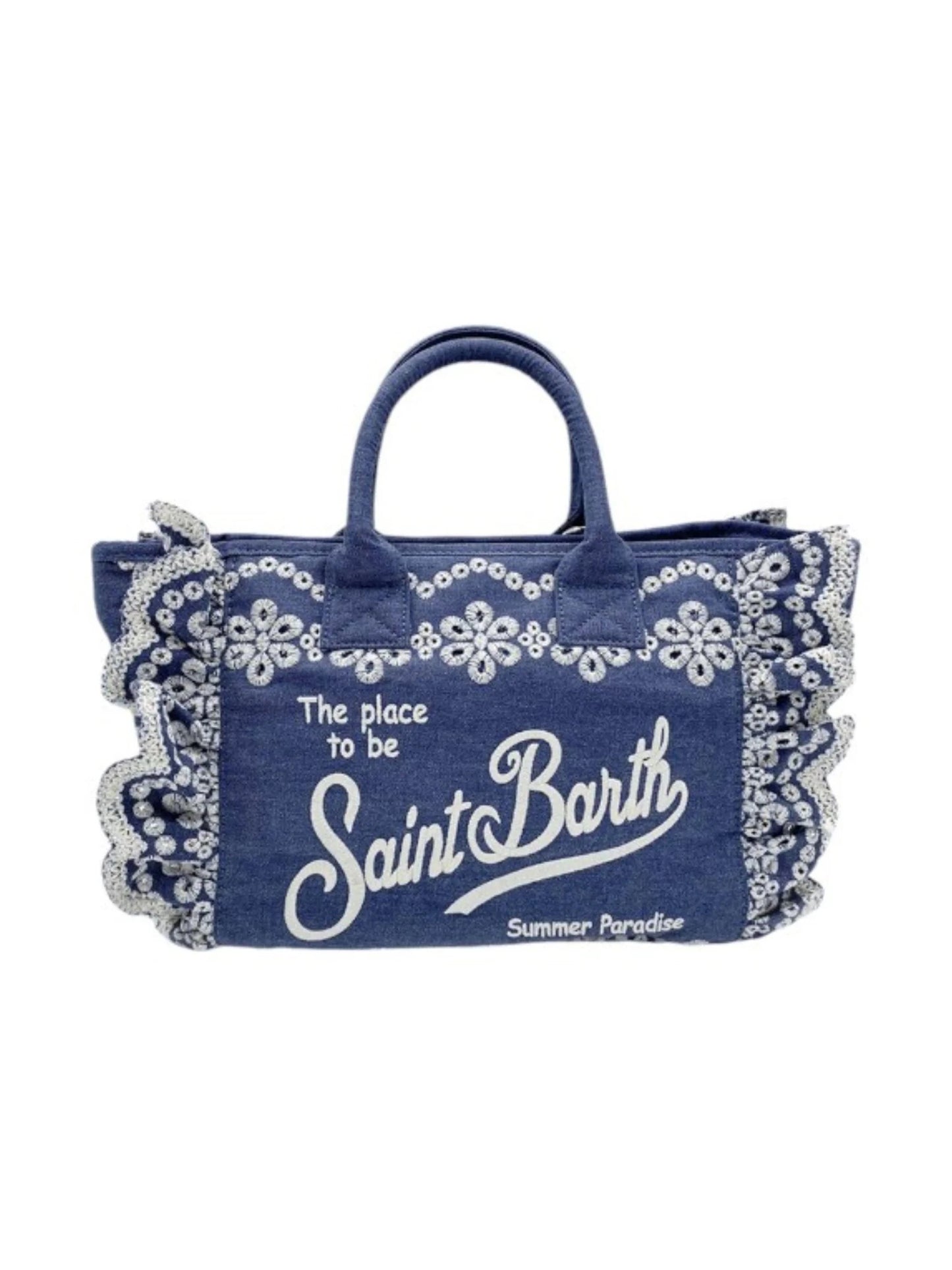 BORSA PIZZO SANGALLO IN DENIM BLU SCURO CON LOGO BIANCO MC2 SAINT BARTH - Angel Luxury