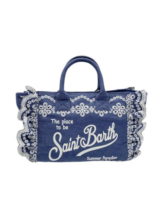BORSA PIZZO SANGALLO IN DENIM BLU SCURO CON LOGO BIANCO MC2 SAINT BARTH - Angel Luxury