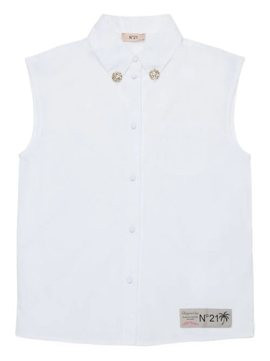 CAMICIA BIANCA SMANICATA CON EFFETTO GIOIELLO SUL COLLO N21 - Angel Luxury