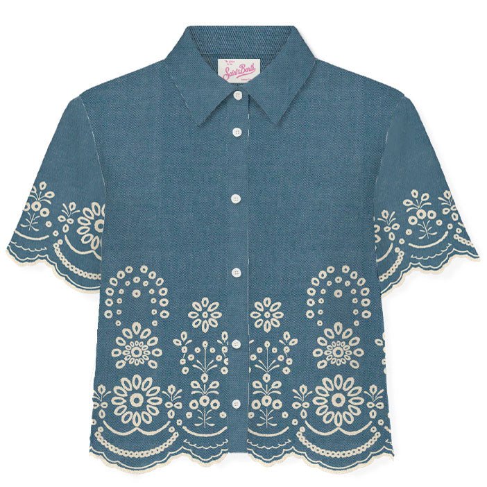 CAMICIA MC2 SAINT BARTH IN LINO BLU E PIZZO SANGALLO - Angel Luxury