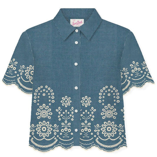 CAMICIA MC2 SAINT BARTH IN LINO BLU E PIZZO SANGALLO - Angel Luxury