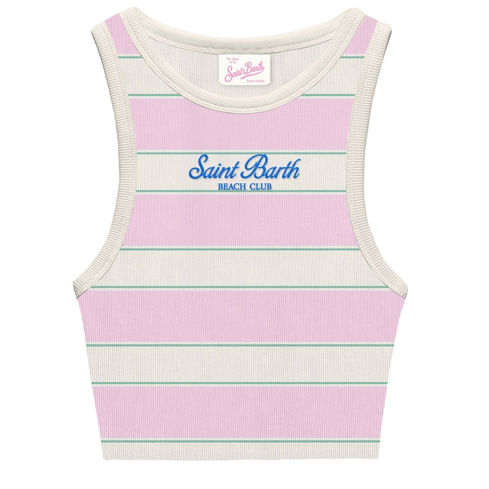 CANOTTA A RIGHE BIANCA/ROSA E VERDE CON LOGO BLU MC2 SAINT BARTH - Angel Luxury