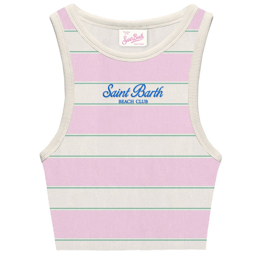 CANOTTA A RIGHE BIANCA/ROSA E VERDE CON LOGO BLU MC2 SAINT BARTH - Angel Luxury
