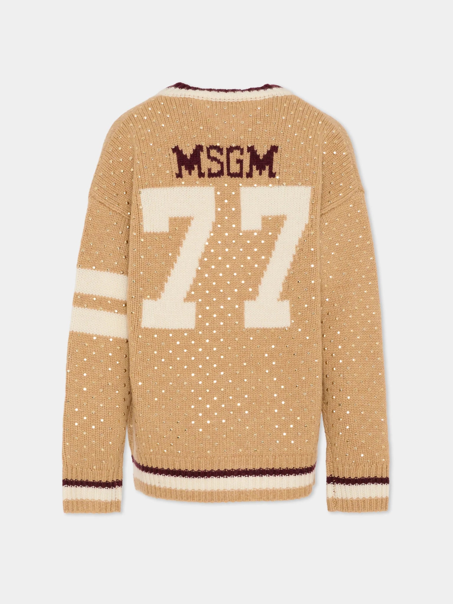 CARDIGAN BEIGE CON BORCHIE SCOLLO A V LOGO SUL RETRO MSGM - Angel Luxury