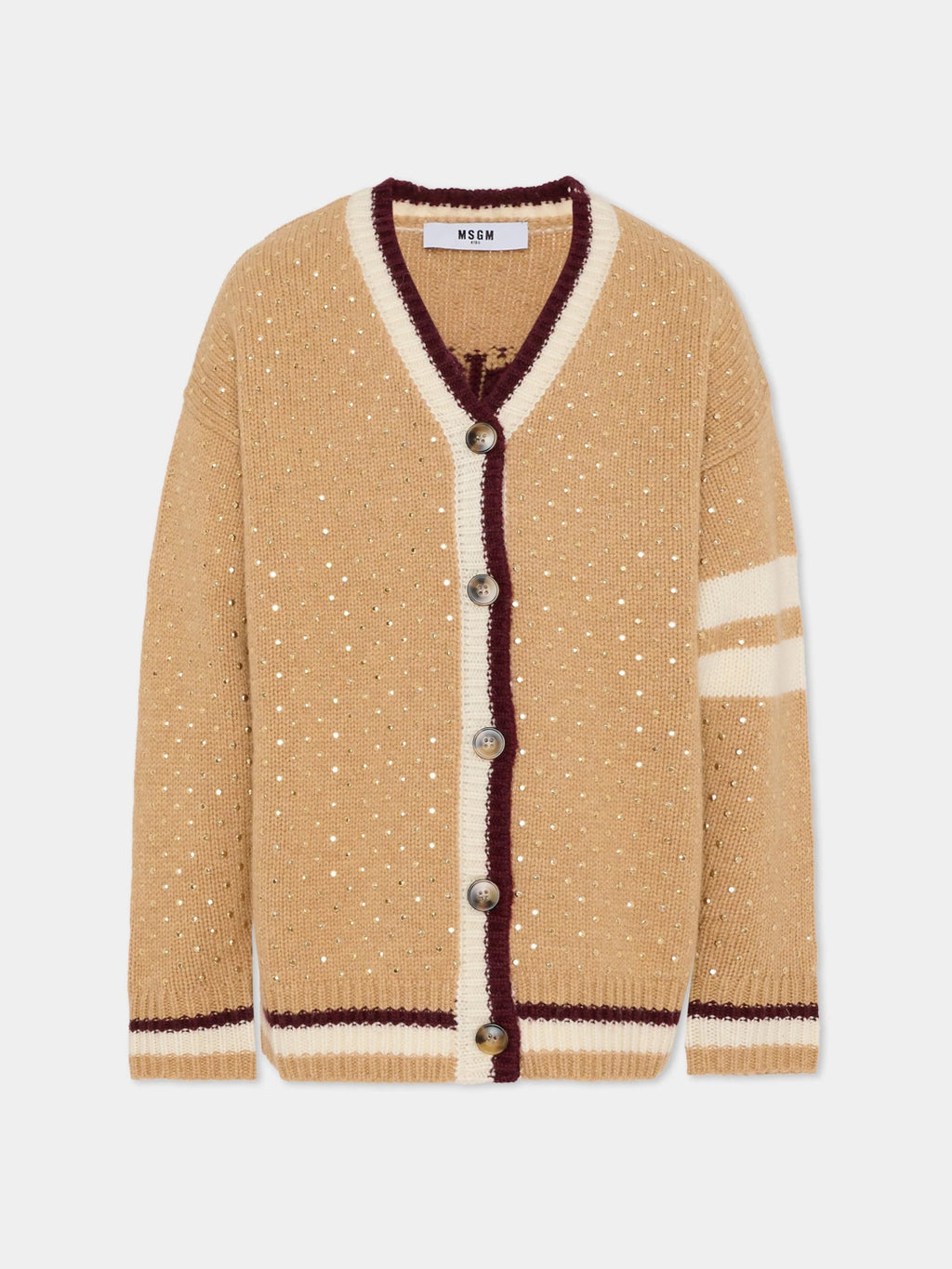 CARDIGAN BEIGE CON BORCHIE SCOLLO A V LOGO SUL RETRO MSGM - Angel Luxury