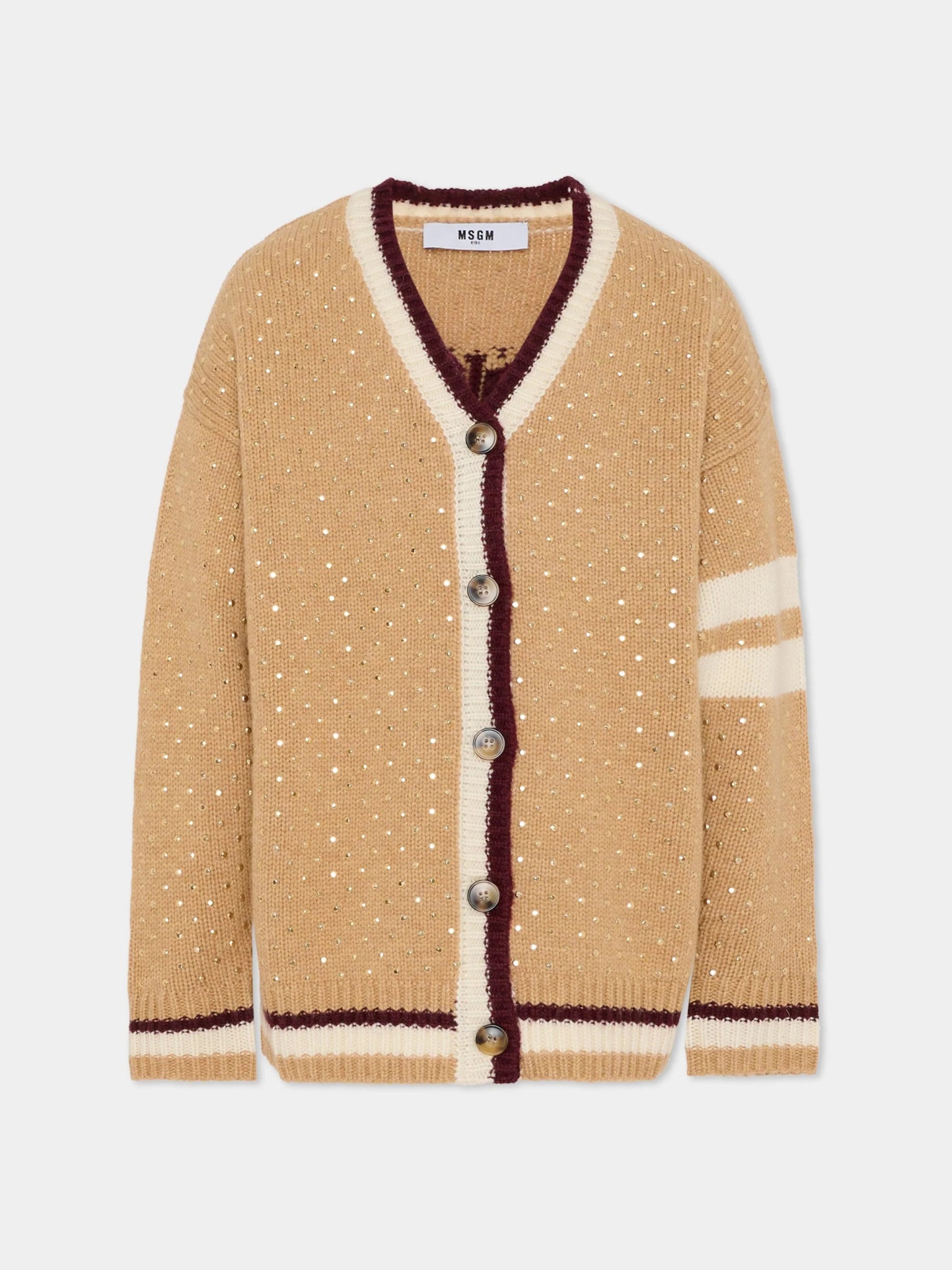 CARDIGAN BEIGE CON BORCHIE SCOLLO A V LOGO SUL RETRO MSGM - Angel Luxury
