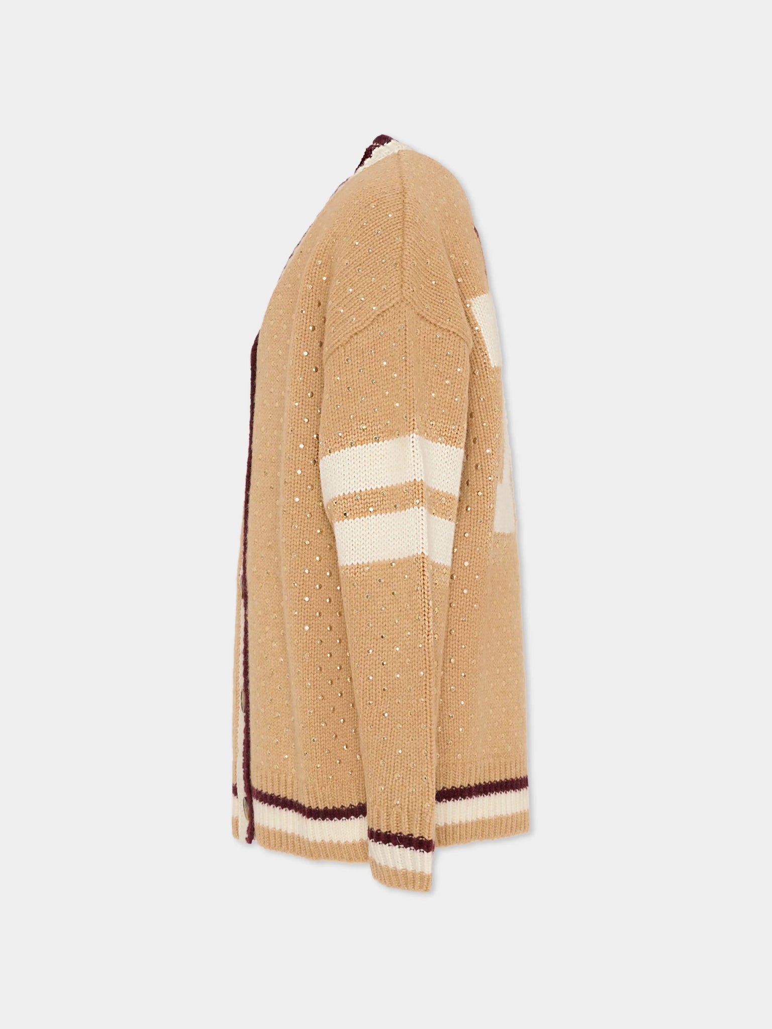 CARDIGAN BEIGE CON BORCHIE SCOLLO A V LOGO SUL RETRO MSGM - Angel Luxury