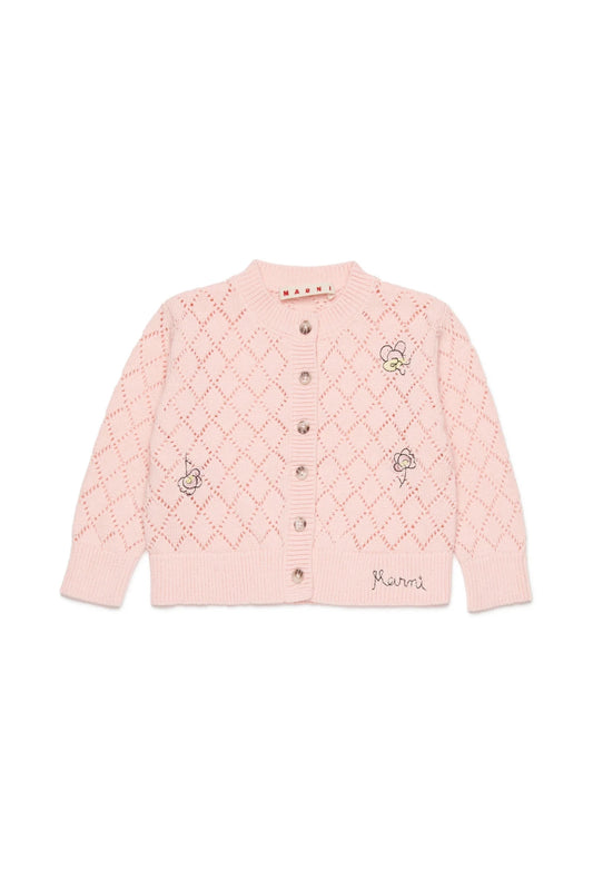 CARDIGAN RICAMATO ROSA CON LOGO NERO MARNI - Angel Luxury