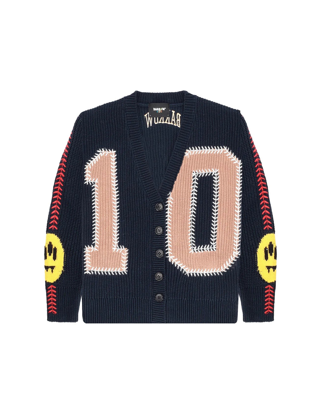 CARDIGAN SCOLLO A V BLU CON LOGO BEIGE BARROW - Angel Luxury