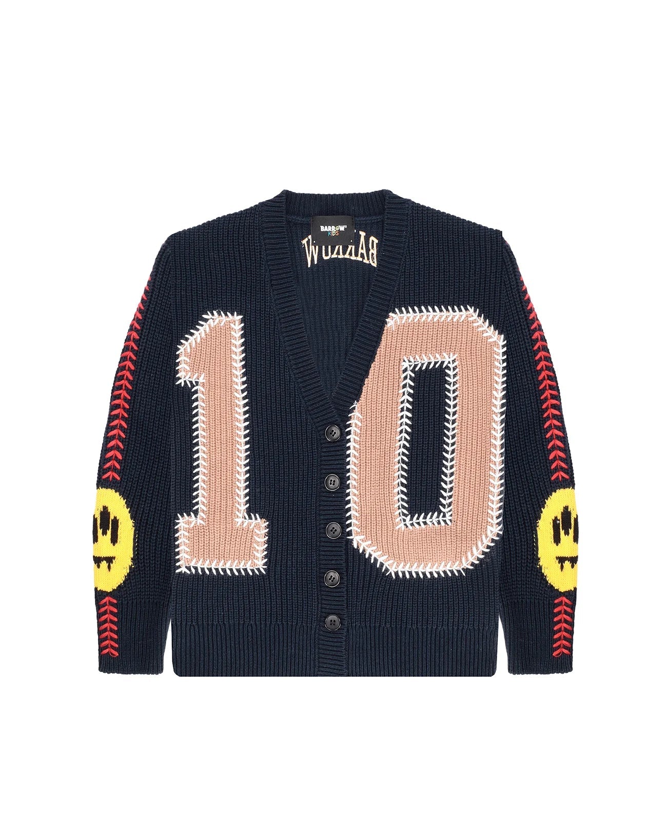 CARDIGAN SCOLLO A V BLU CON LOGO BEIGE BARROW - Angel Luxury