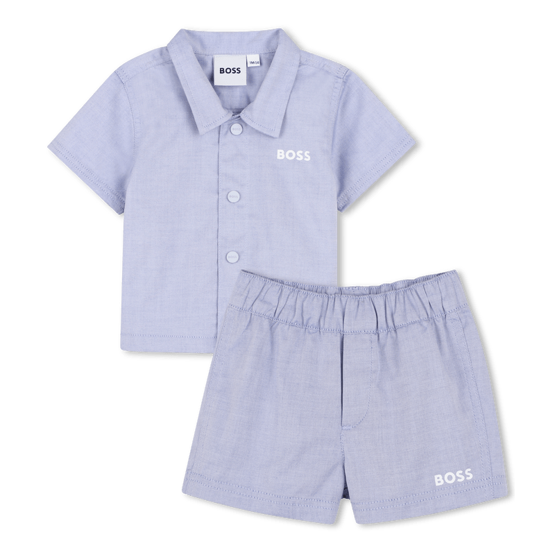 COMPLETO CAMICIA + BERMUDA IN COTONE BLU CHIARO CON LOGO BIANCO BOSS - Angel Luxury