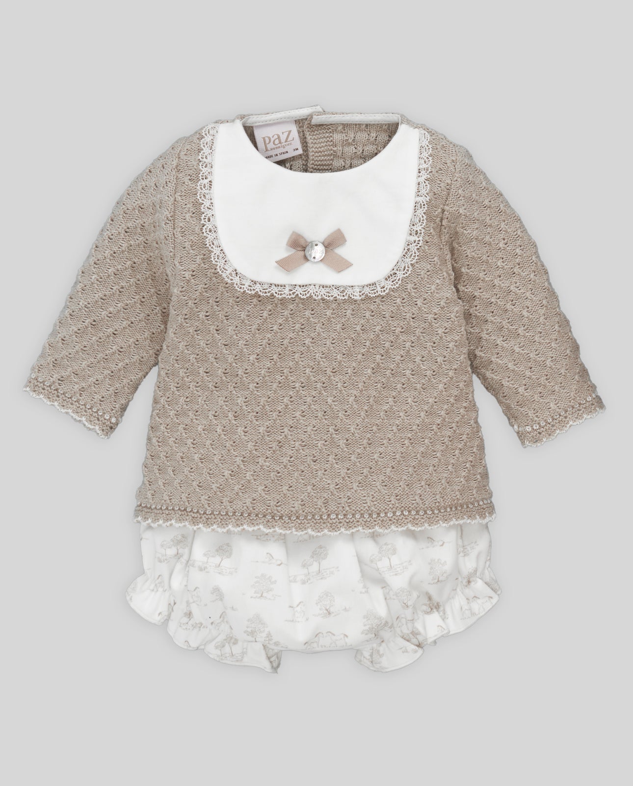COMPLETO NEONATA MAGLIA+CULOTTE BEIGE PAZ RODRIGUEZ - Angel Luxury