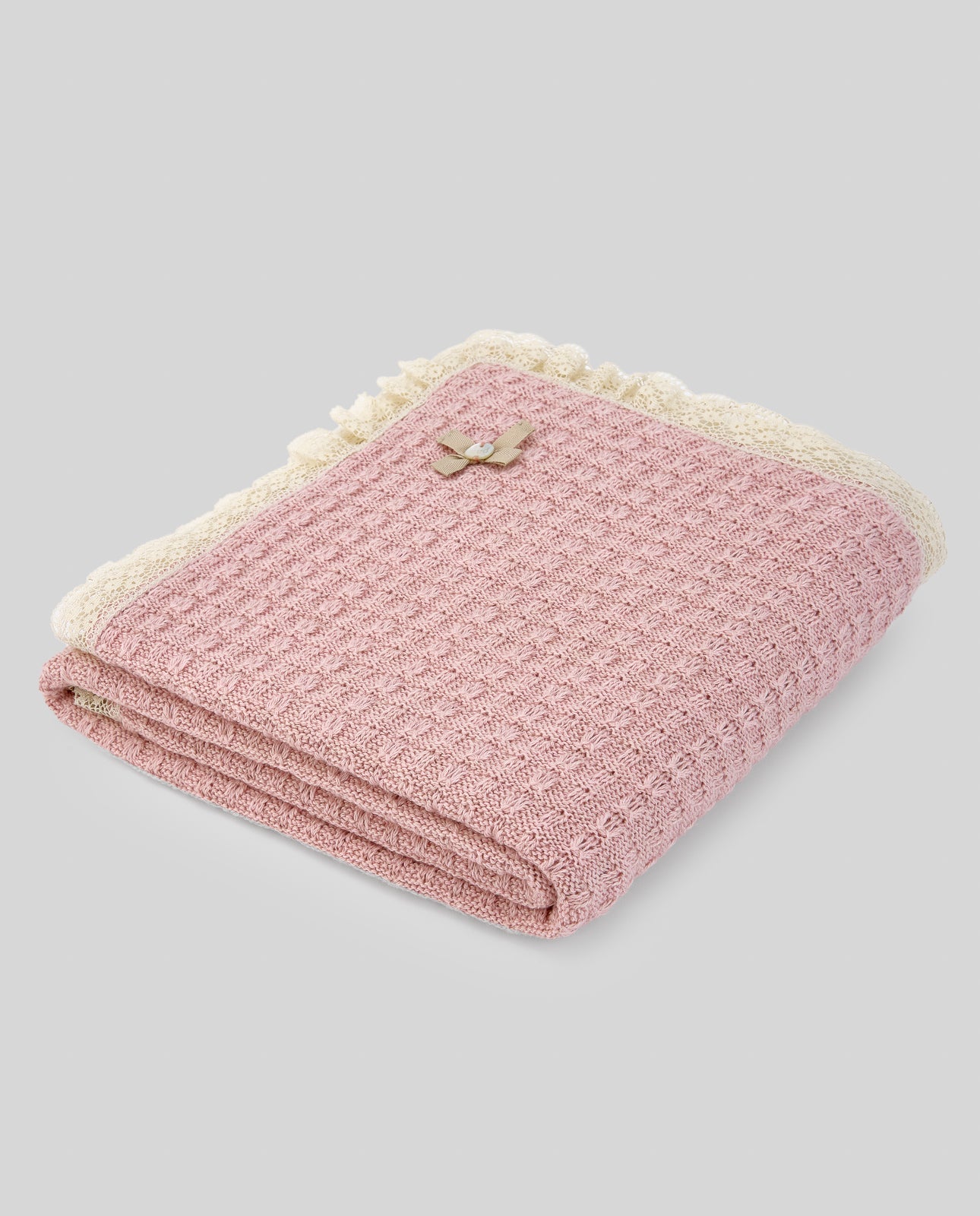 COPERTA ROSA IN LANA CON BORDO MERLETTATO PAZ RODRIGUEZ - Angel Luxury