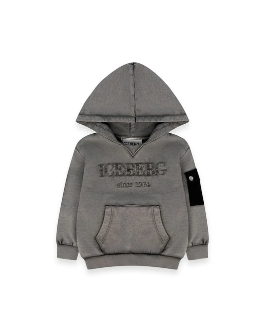 FELPA CON CAPPUCCIO GRIGIA CON LOGO RICAMATO ICEBERG - Angel Luxury