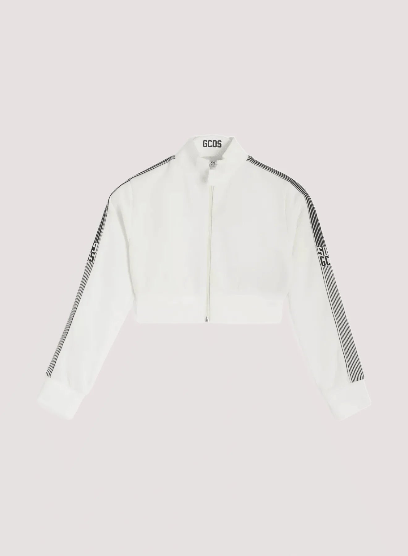 FELPA CON ZIP CROPPED BIANCA CON BANDE LATERALI LOGATE NERE GCDS - Angel Luxury