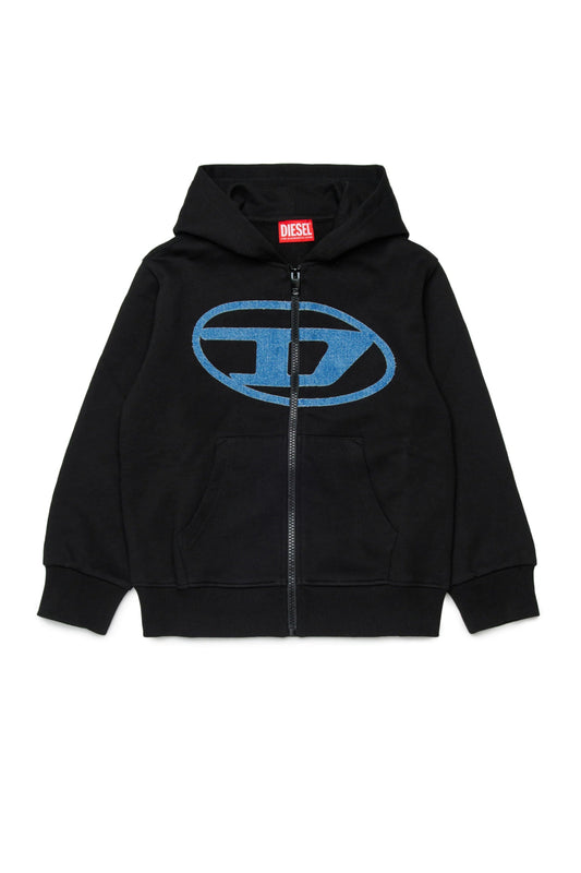 FELPA NERA CON CAPPUCCIO E ZIP CON LOGO IN DENIM DIESEL - Angel Luxury