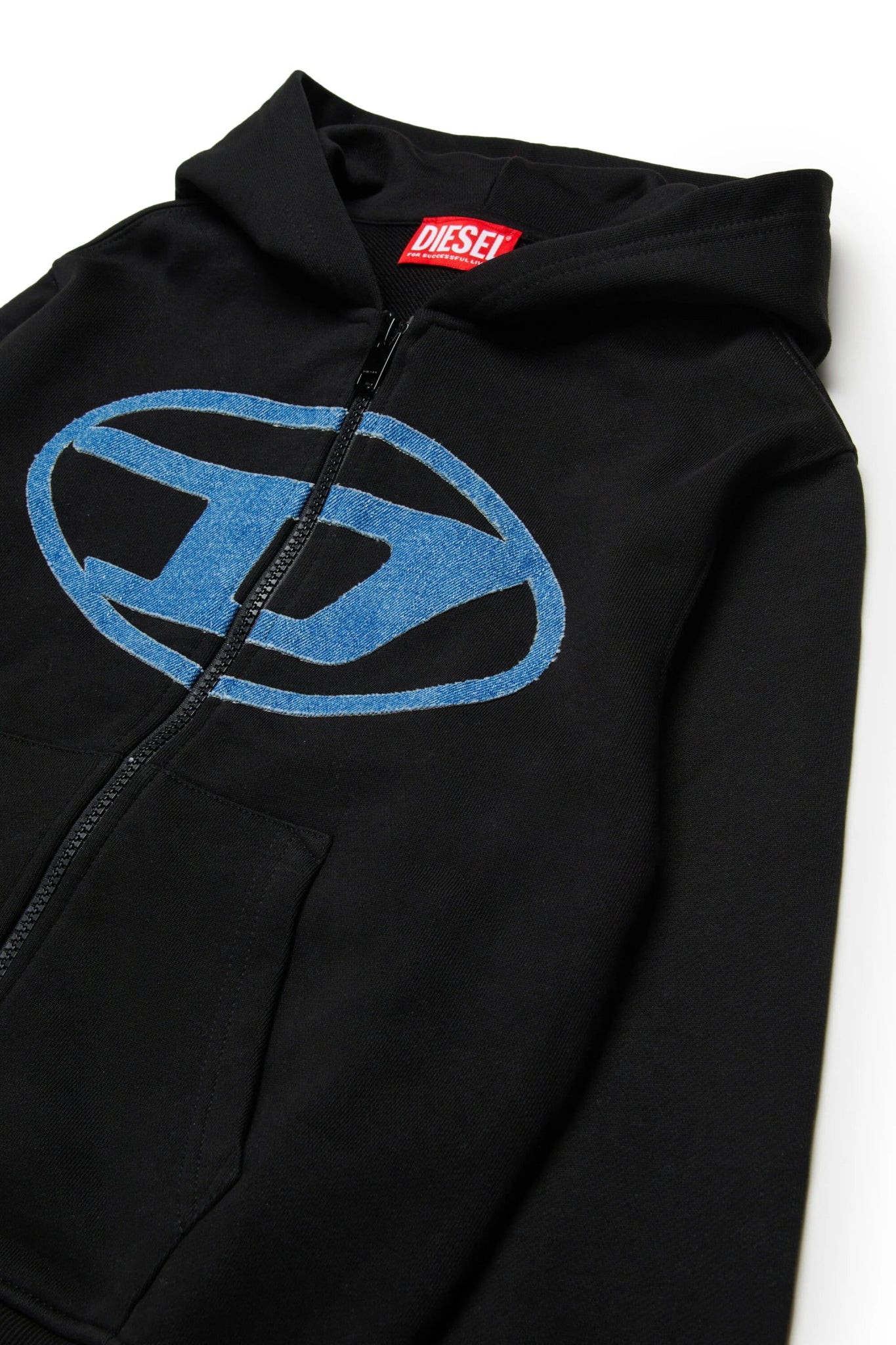 FELPA NERA CON CAPPUCCIO E ZIP CON LOGO IN DENIM DIESEL - Angel Luxury
