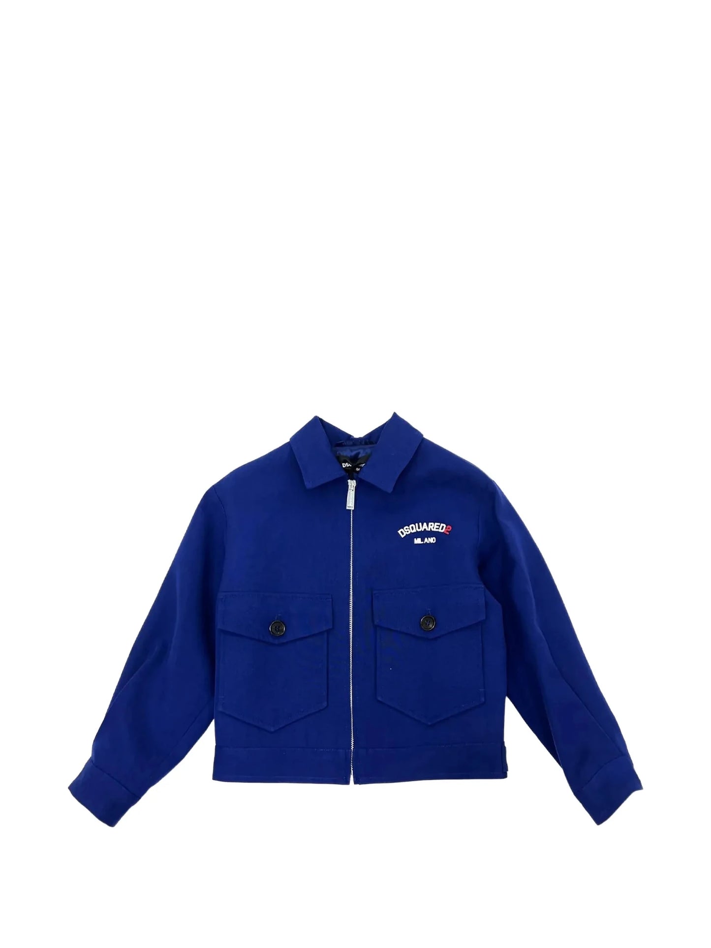 GIACCA BLU CON TASCONI SUL DAVANTI CON LOGO IN RILIEVO GOMMATO BIANCO DSQUARED2 - Angel Luxury