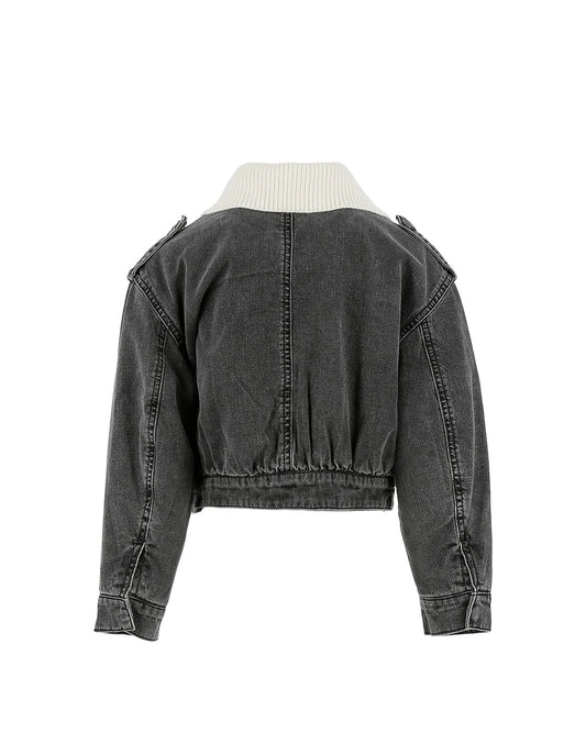 GIUBBINO IN DENIM NERO CON COLLETTO IN LANA PANNA LOGO GRIGIO PINKO - Angel Luxury