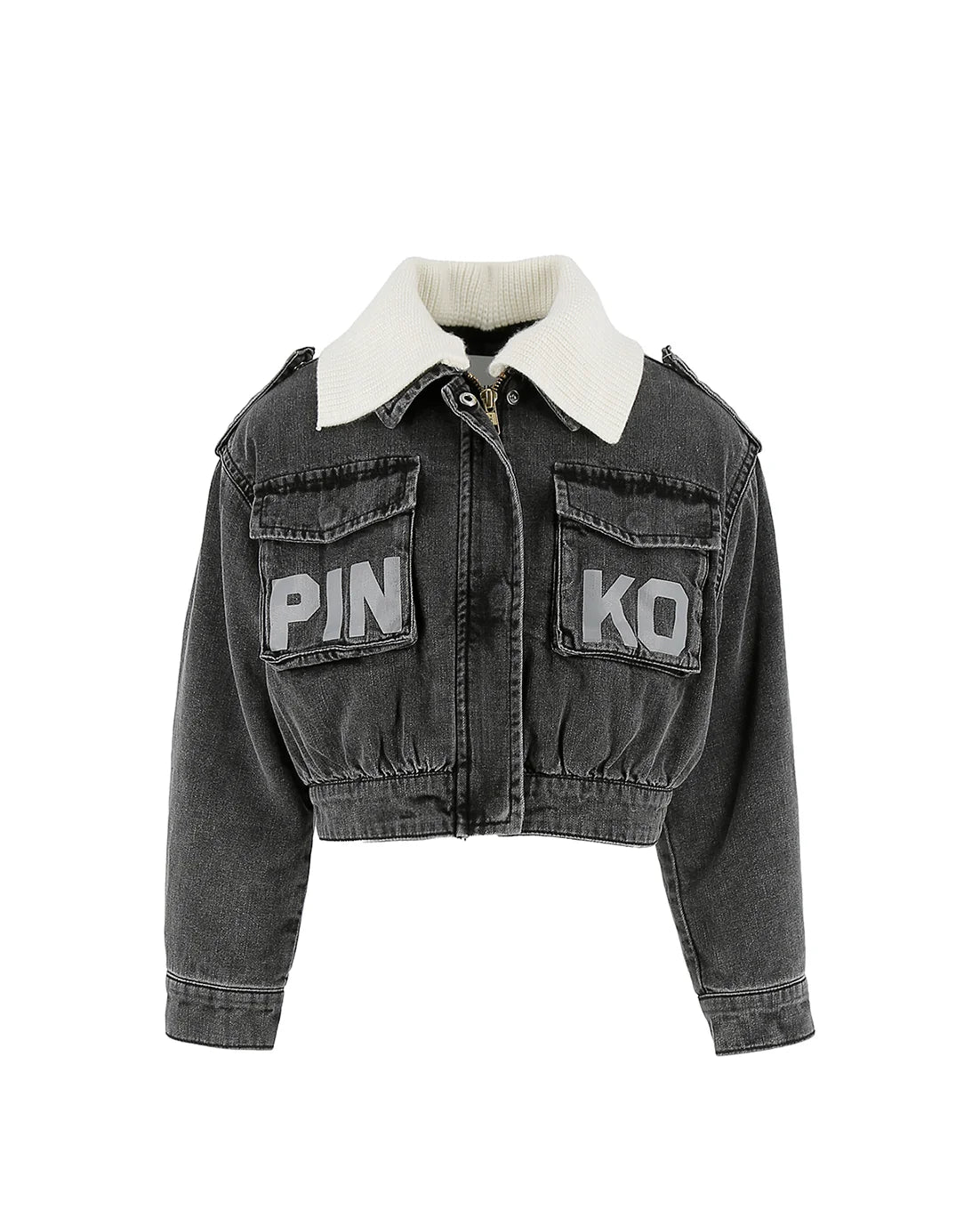 GIUBBINO IN DENIM NERO CON COLLETTO IN LANA PANNA LOGO GRIGIO PINKO - Angel Luxury