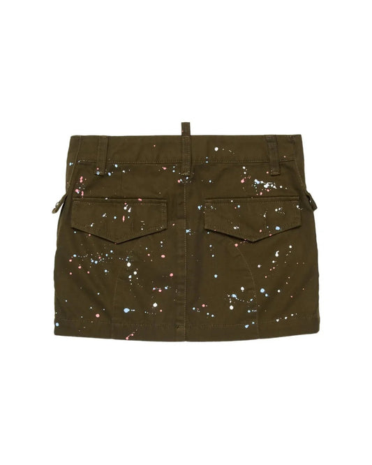 GONNA VERDE CON SCHIZZI DI PITTURA COLORATI E LOGO IN CUOIO DSQUARED2 - Angel Luxury