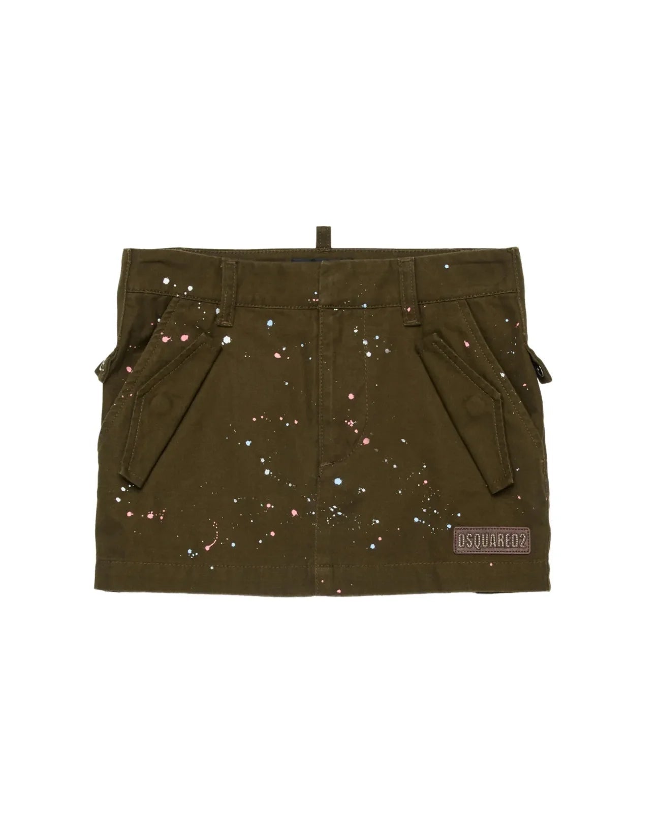 GONNA VERDE CON SCHIZZI DI PITTURA COLORATI E LOGO IN CUOIO DSQUARED2 - Angel Luxury