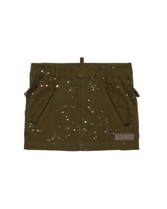 GONNA VERDE CON SCHIZZI DI PITTURA COLORATI E LOGO IN CUOIO DSQUARED2 - Angel Luxury