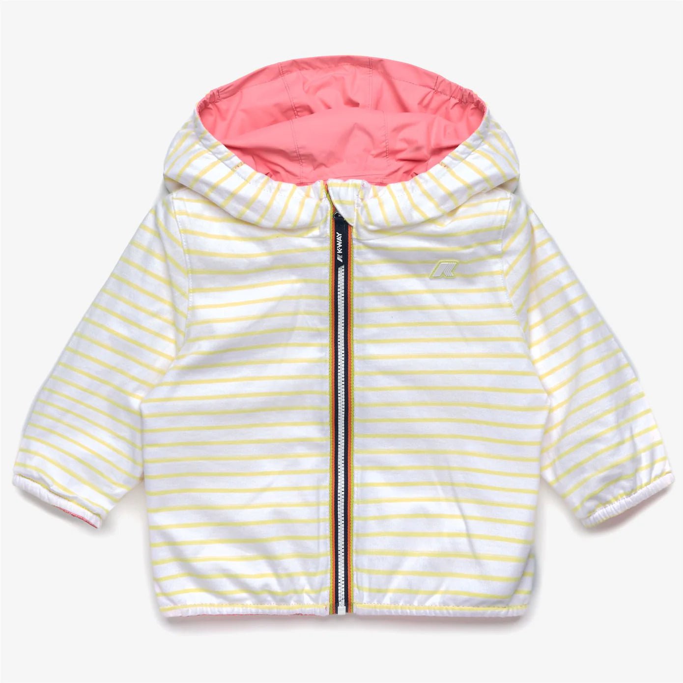 K - WAY NEONATA REVERIBILE ROSA E A RIGHE BIANCHE E GIALLE - Angel Luxury