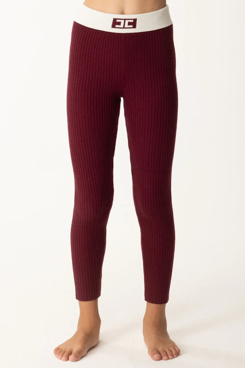 LEGGINGS BORDEAUX IN TRICOT CON BANDA BIANCA LOGATA ELISABETTA FRANCHI - Angel Luxury