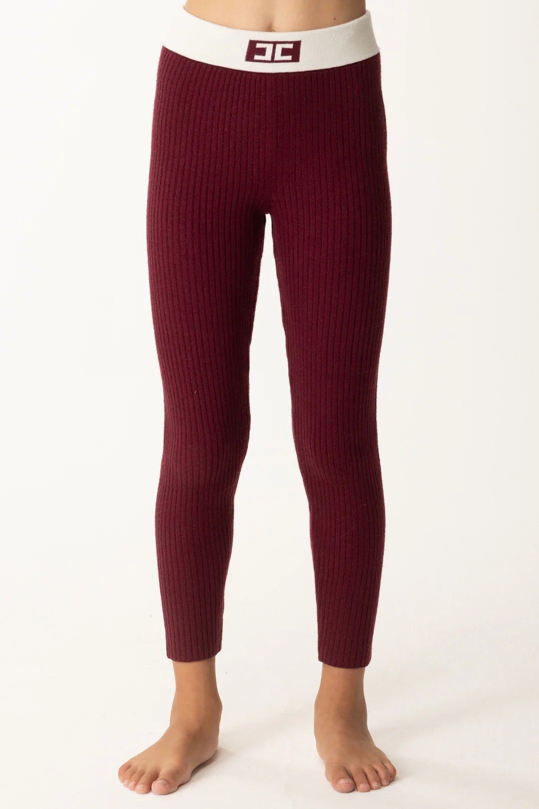 LEGGINGS BORDEAUX IN TRICOT CON BANDA BIANCA LOGATA ELISABETTA FRANCHI - Angel Luxury