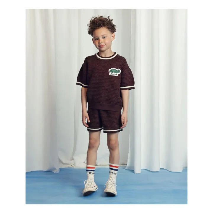 MAGLIA UNCINETTO MARRONE CON CAMALEONTE VERDE MINI RODINI - Angel Luxury
