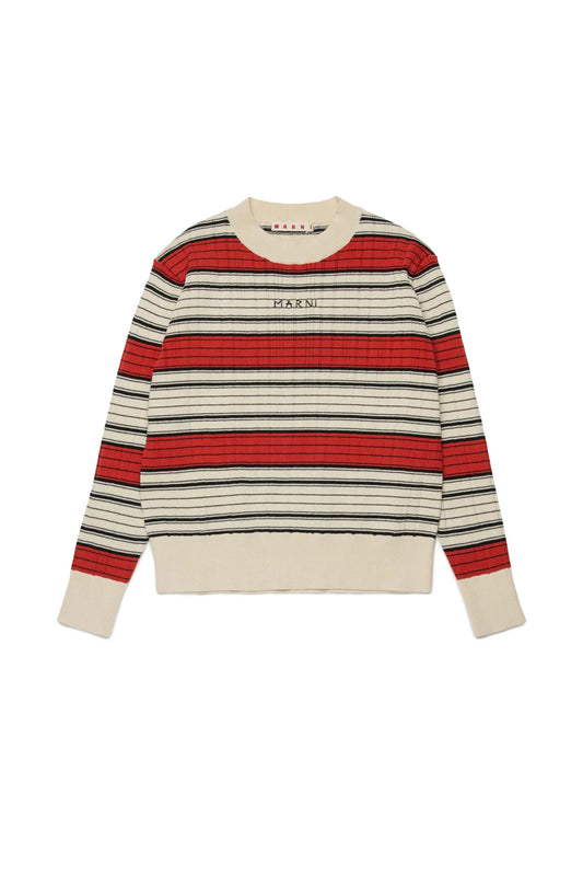 MAGLIONE A RIGHE PANNA/ROSSO CON LOGO RICAMATO SUL PETTO MARNI - Angel Luxury