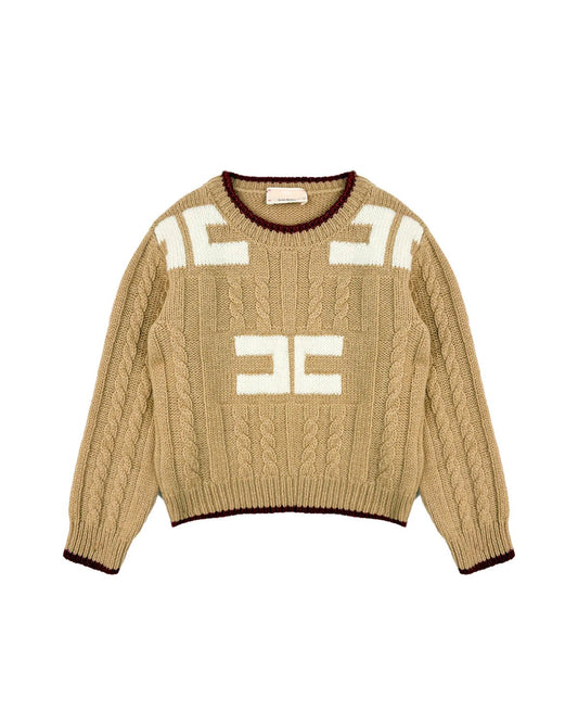 MAGLIONE BEIGE CON CONTRASTO LOGO BIANCO ELISABETTA FRANCHI - Angel Luxury