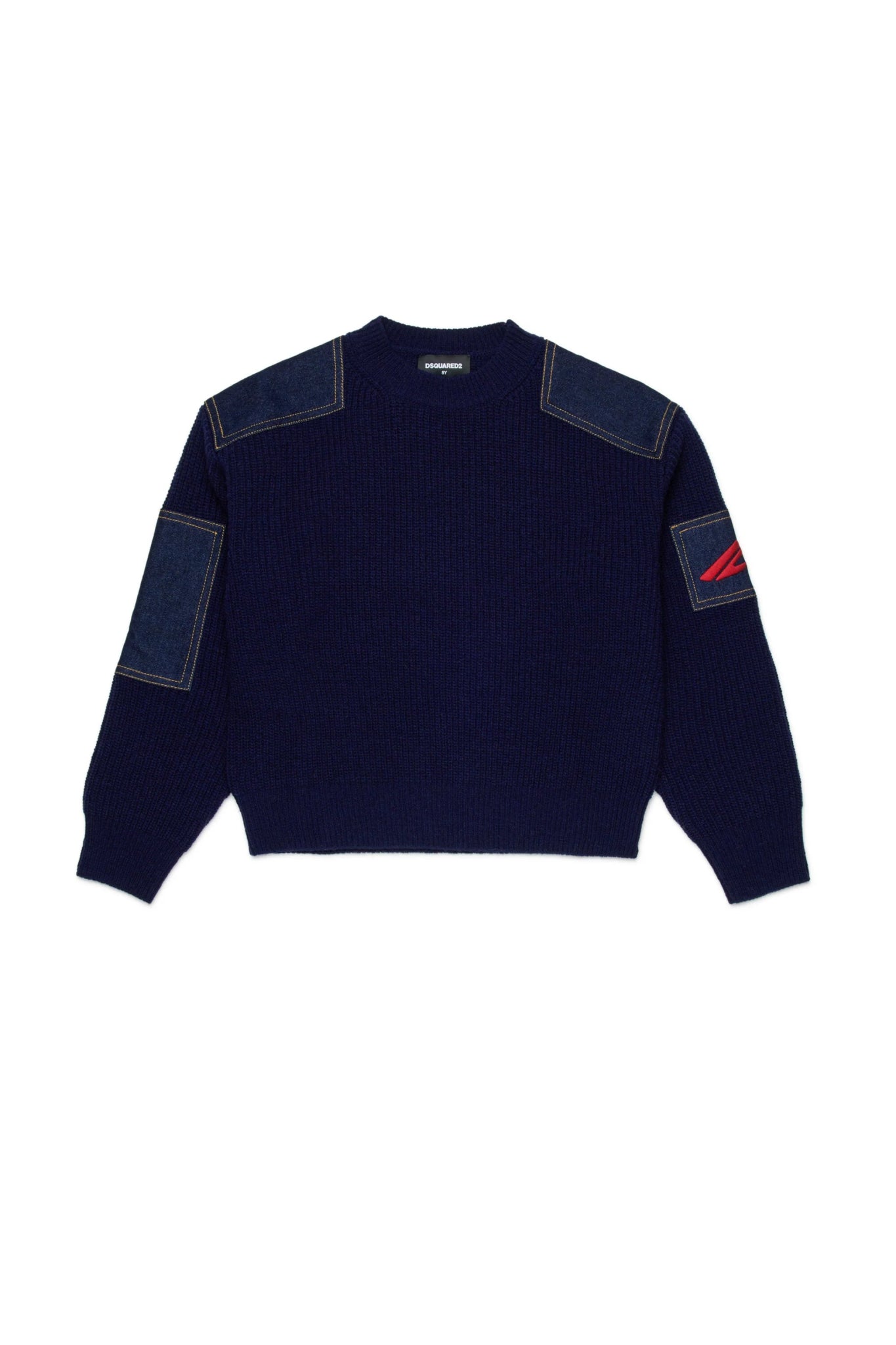 MAGLIONE BLU CON INSERETI IN DENIM CON LOGO ROSSO ICON DSQUARED2 - Angel Luxury