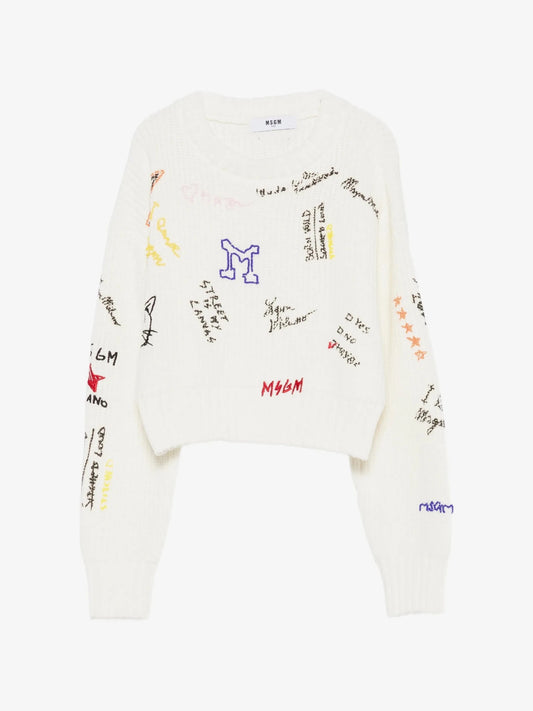MAGLIONE CROPPED BIANCO LOGATO MSGM - Angel Luxury