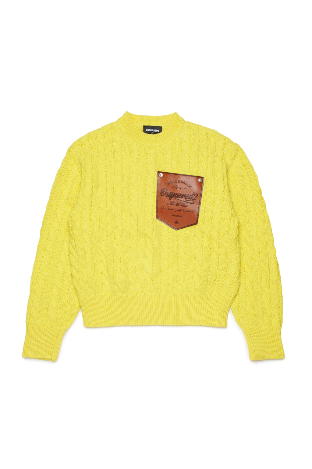 MAGLIONE IN TRECCIATO GIALLO CON TASCA MARRONE CON LOGO DSQUARED2 - Angel Luxury