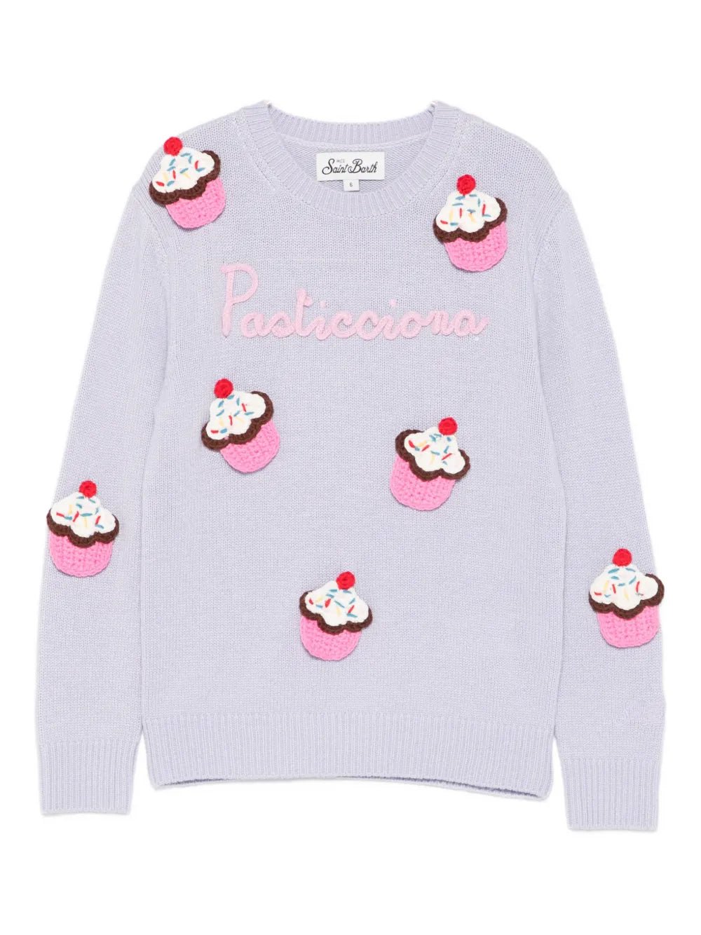 MAGLIONE LILLA CON DOLCI IN RICAMO " PASTICCIONA" MC2 SAINT BARTH - Angel Luxury