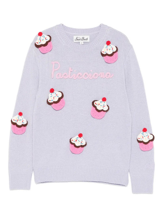 MAGLIONE LILLA CON DOLCI IN RICAMO " PASTICCIONA" MC2 SAINT BARTH - Angel Luxury