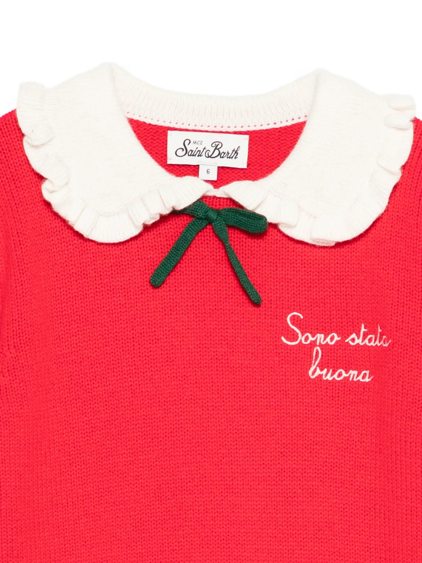 MAGLIONE ROSSO CON COLLETTO IN RUCHES BIANCO E FIOCCO MC2 SAINT BARH - Angel Luxury