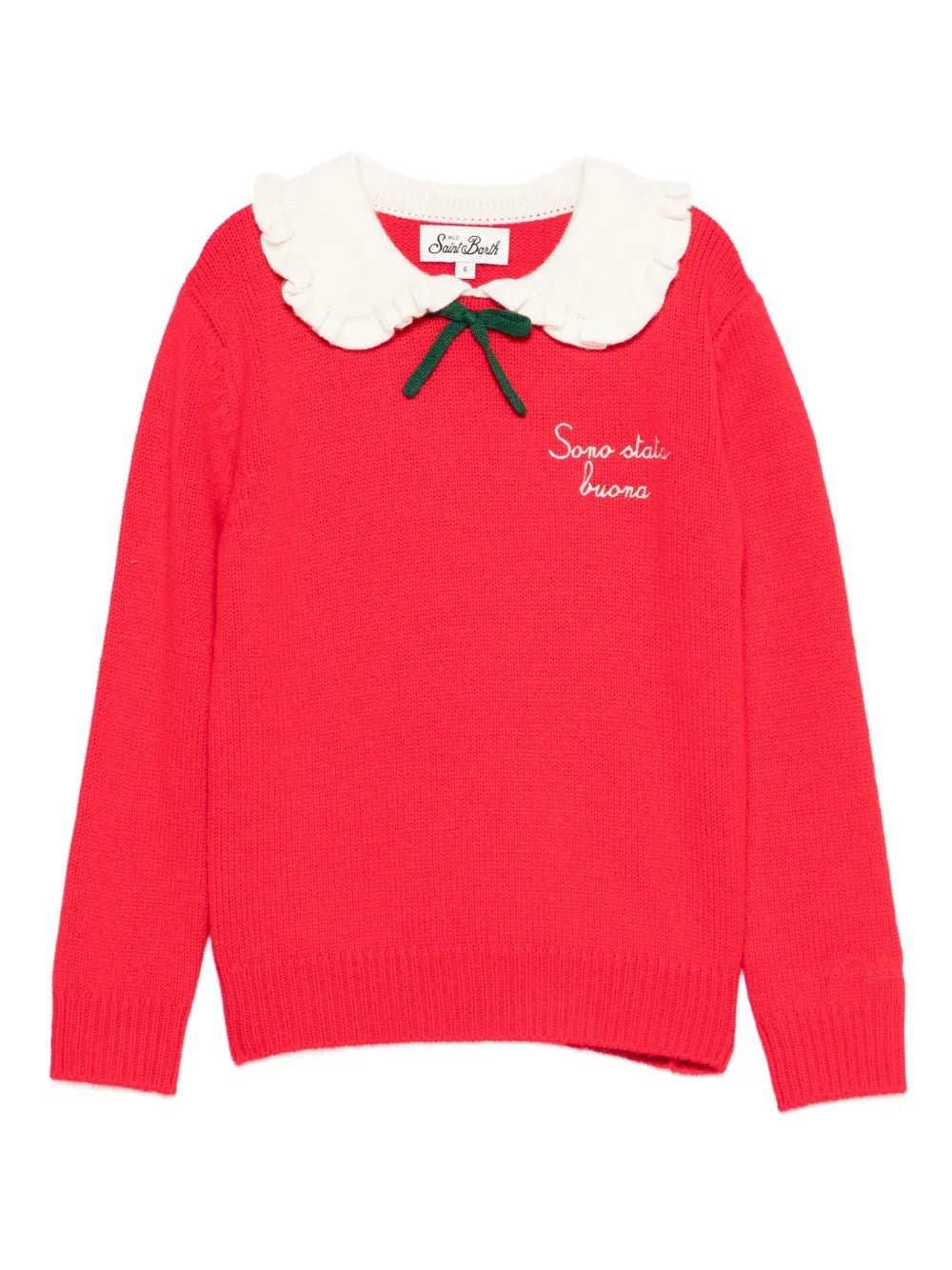 MAGLIONE ROSSO CON COLLETTO IN RUCHES BIANCO E FIOCCO MC2 SAINT BARH - Angel Luxury