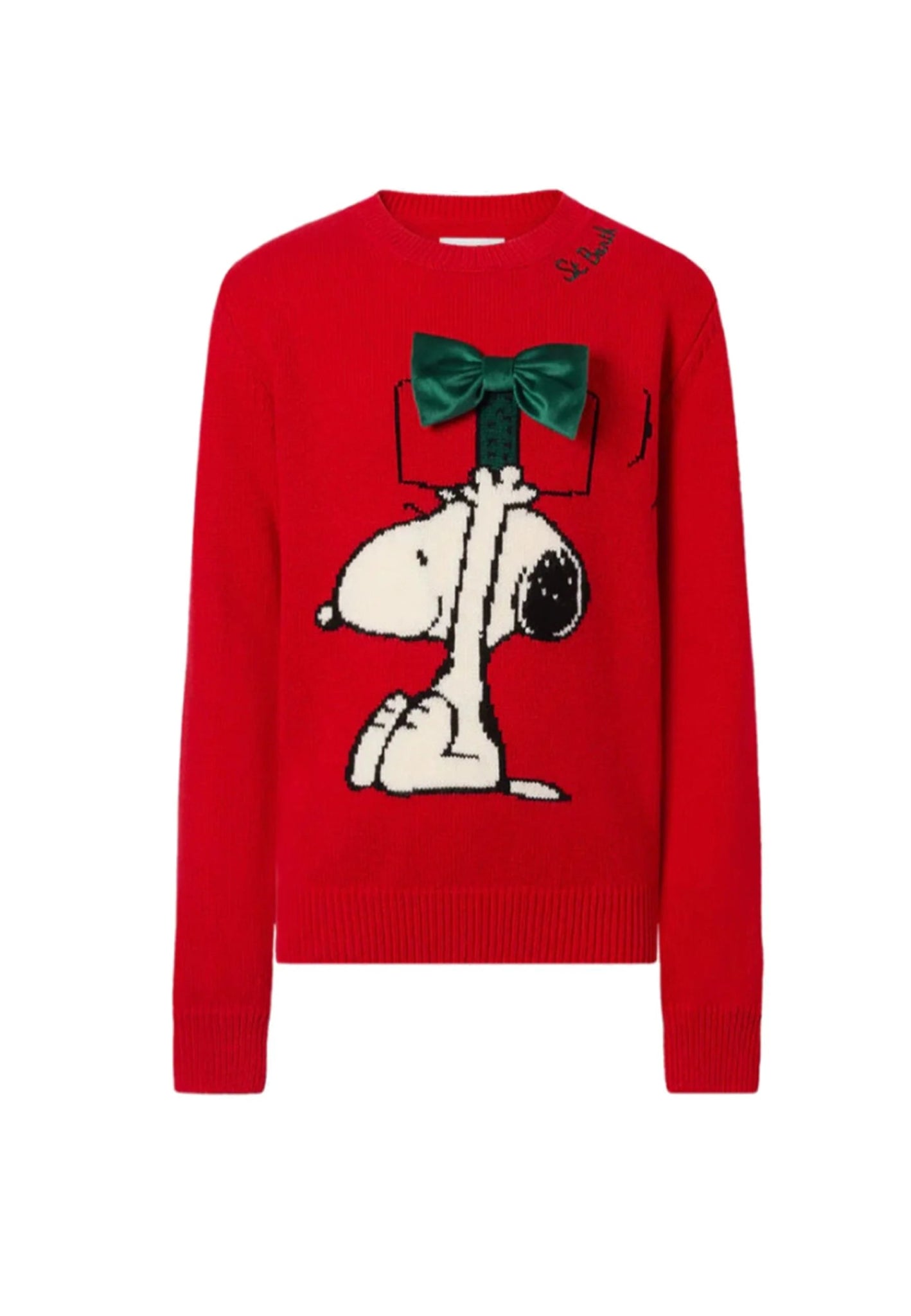 MAGLIONE ROSSO CON SNOOPY E FIOCCO IN VELLUTO VERDE MC2 SAINT BARTH - Angel Luxury