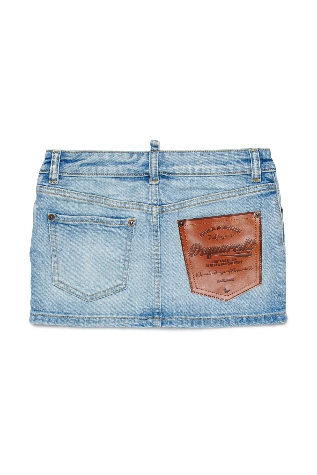 MINIGONNA IN DENIM CON TASCA SUL RETRO IN ECOPELLE MARRONE DSQAURED2 - Angel Luxury