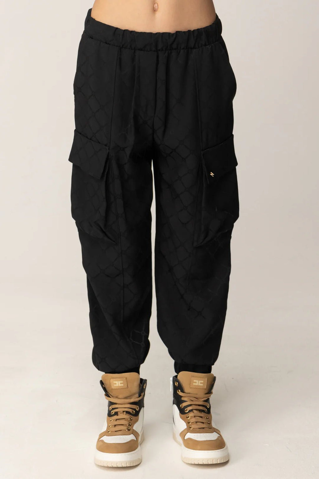 PANTALONE CON TASCONI IN RASO NERO LOGATO ELISABETTA FRANCHI - Angel Luxury