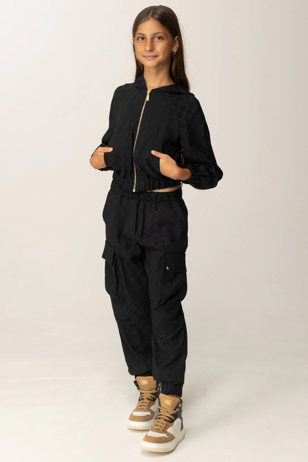 PANTALONE CON TASCONI IN RASO NERO LOGATO ELISABETTA FRANCHI - Angel Luxury