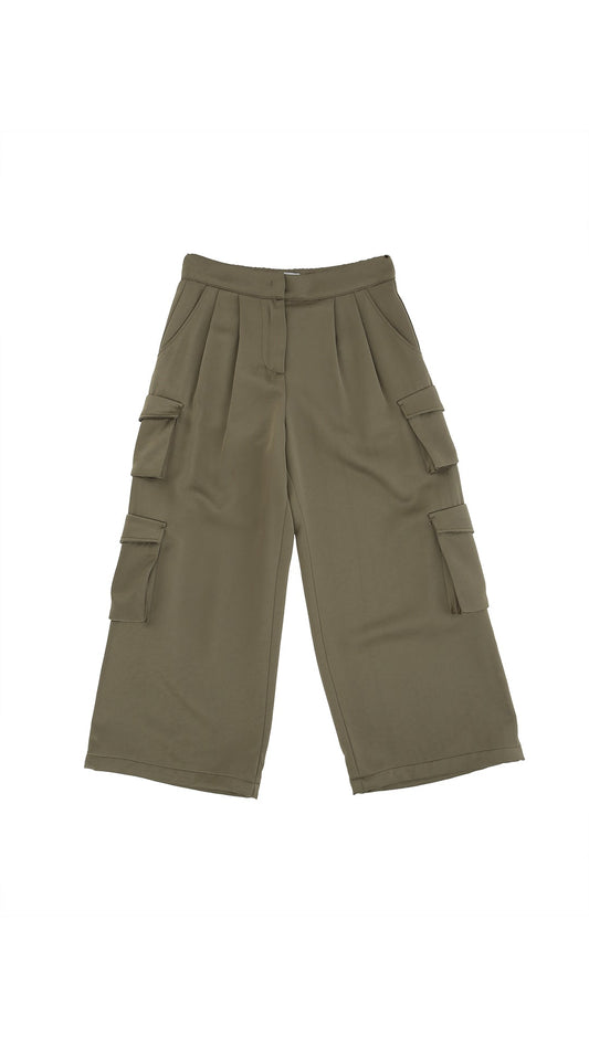 PANTALONE IN RASO VERDE MILITARE CON TASCONI DONDUP - Angel Luxury