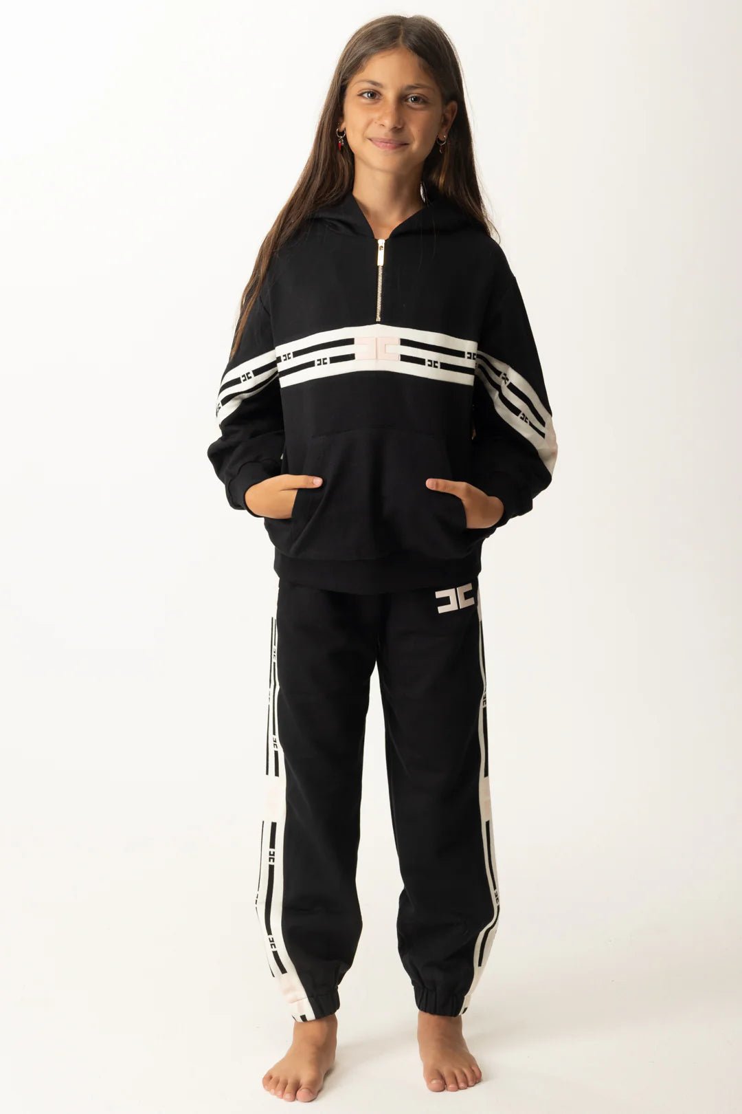 PANTALONE NERO CON BANDE LATERALI BIANCO LOGO ROSA ELISABETTA FRANCHI - Angel Luxury