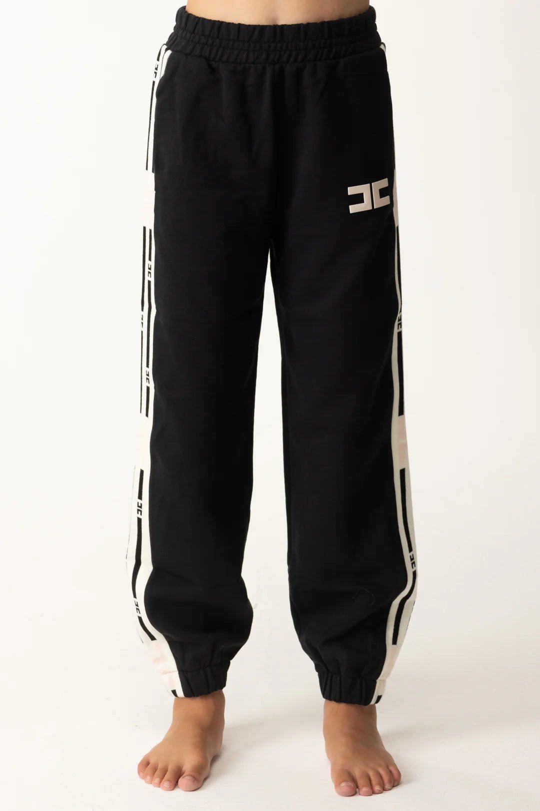 PANTALONE NERO CON BANDE LATERALI BIANCO LOGO ROSA ELISABETTA FRANCHI - Angel Luxury